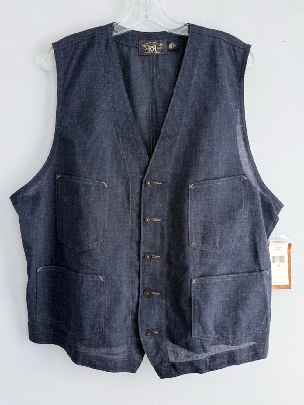 RRL Double RL Ralph Lauren Indigo Twill Vest XL NWT Wool Linen Cotton Cinch Back